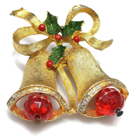 Christmas Bells Brooch, Green Red Enamel Holly, 1950s Vintage Jewelry - Picture 4 of 10